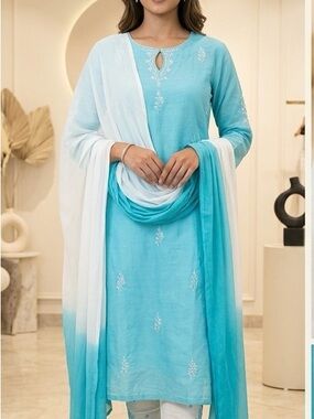 Aqua Blue Embroidered Churidhar  with Ombre Dupatta